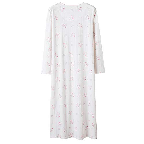 Keyocean Women Nightgowns, 100% Cotton Long Sleeve Long Women Sleepwear Nightdress, Pink Floral, Large