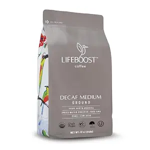 Lifeboost Medium Roast Swiss Water Decaf Coffee Ground - Organic, Low Acid, Single Origin, 12 Ounces