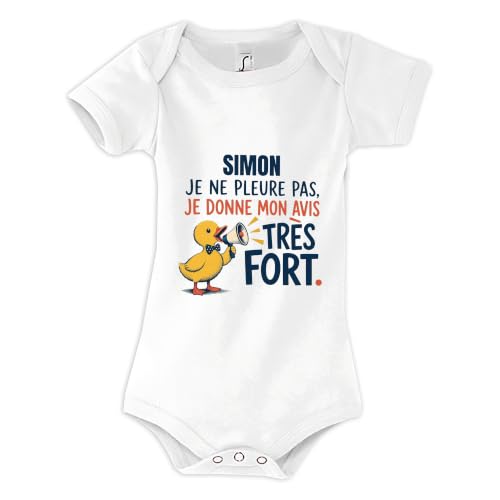 Body Bébé Simon : je ne pleure pas, je donne mon avis très fort | Coton Peigné Boutons Pression à l'Entrejambe Taille 12-18 mois | Manches Courtes Fille Garçon Mixte | Cadeau Naissance Baby Shower
