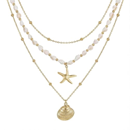 ZGDYi Collier pendentif coquillage étoile mer pour femme, plaqué or 14 carats, de perles à plusieurs empilé rangs, bijou fin femme style plage été,...
