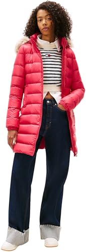 Tommy Jeans Women's Essential Hooded Down Coat with Faux Fur, Red (Vintage Cerise), S