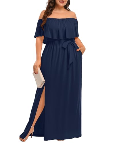 Plus Size Off Shoulder Maxi Long Navy Blue Dress Slit Formal Wedding Guest Casual Summer Ruffle Dresses Pockets Women