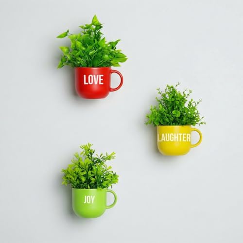 Image of Dekorly Colorful Wall-Mounted Mug Planters with Faux Greenery(20 CM)- Wall Decorative Pots for Vibrant Home & Office Decor| (3, Love Laughter Joy)