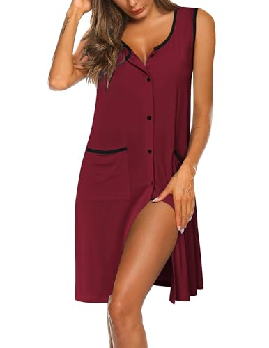 Image of Ekouaer Nightgowns for Women Button Down Sleep Shirts Tank Sleeveless Nightshirt Soft Sleepwear with Pockets