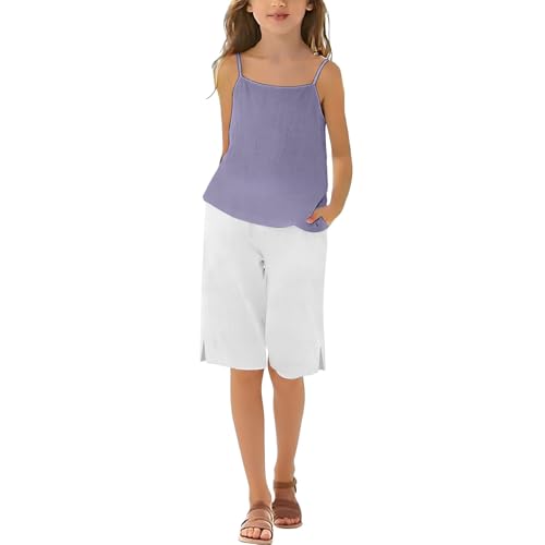 Girls 2-Piece Cotton Linen Suit Kids Halter Set Top Beach Shorts Teen Summer Elastic Waist Casual Loose Fashion Clothes(Light Violet, 5-6 Years)