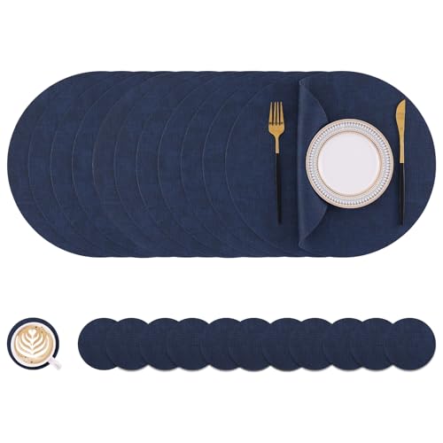 Homaxy Round Faux Leather Placemats and Coasters, Set of 12, Navy Blue
