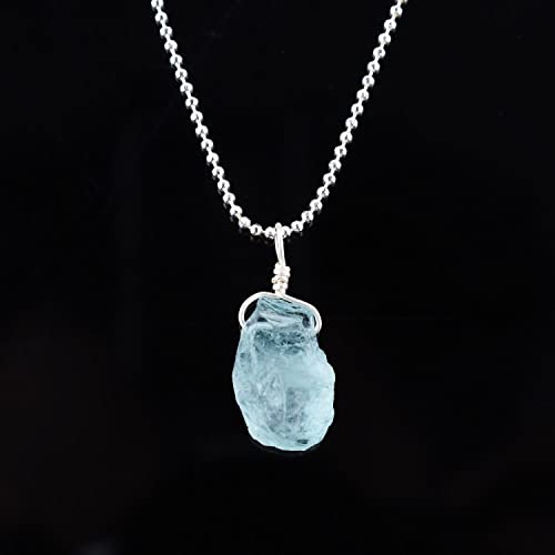 Natural Raw Aquamarine Stone Pendant Necklace, Rough Gemstones, Healing Crystals, Silver Plated Chain, Gift For Women, March Birthstone, Dainty Necklace, Gemstones Jewelry Gifts, 18Inch #TOP1
