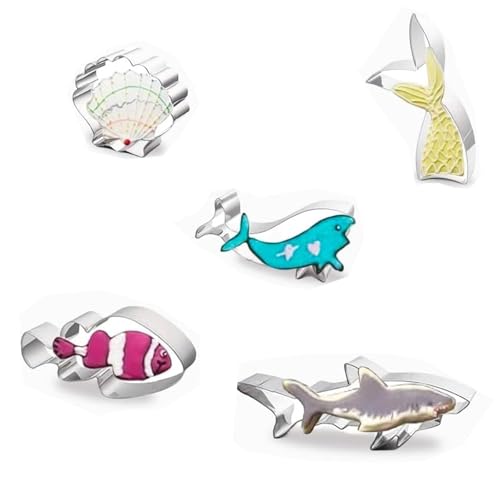 TINGSING - TINGSING Ensemble de Emporte-Pièces en Aciers Inoxydables sous la Mer avec Livret de Recettes, Requin, Baleine, Poisson, Queue de Sirène, Tortue de mer pour Faire des Cookies (5pcs)