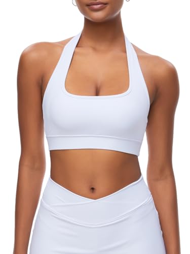 HAWILAND Women's Sports Bra Halter Neck Bralette Crop Top Bra Padded Activewear Bras without Underwire Vest for Workout White, XS