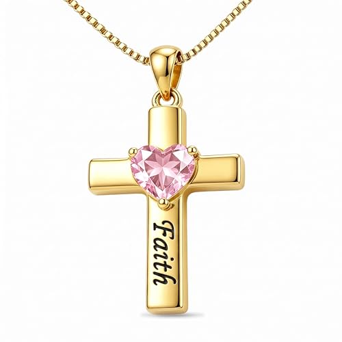 BHUBREA 14K Gold Cross Necklace for Women, Heart October Birthstone Pendant Engraved Faith, Religious Christian Jewelry Gifts for Wife Mom Grandma, Anniversary Christmas Mother's Valentine's Day by BHUBREA - Used condition - US$123.64