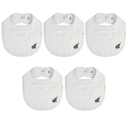 Budding Bear Baberos Bebé (Pack de 5) Baberos de Tela Muselina Algodón Blanco Unisex 100% Orgánico - Baberos Niña, Niño Recién Nacido - Botón a Presión Sin Níquel - Suave y Absorbente - 0 a 36 Meses