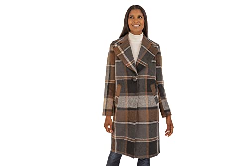 Kensie Women's Brushed Single Breasted Wool Blend Coat, Brown Plaid, Large #TOP13