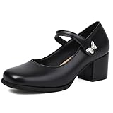 Lizoleor Zapatos Merceditas Mujer Tacon Ancho Medio Punta Cuadrado Zapatos Correa Tobillo Niña Verano Comodos Vestir Pantorrilla Ancha Negro Talla 38 EU/39CN
