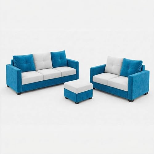 Image of FURNY Amonster 3 Seater + 2 Seater Fabric Sofa Set with 1 Ottoman (Aqua Blue - Light Gray) with Velvet Finish | Durable Comfort | Ideal for Living Room
