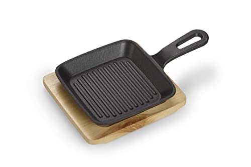 Echtwerk Sartén de hierro fundido, cazuela cuadrada con tabla de servir, tiras de barbacoa, ya horneadas, apta para horno, barbacoa, barbacoa e inducción, ideal para cocinar y servir