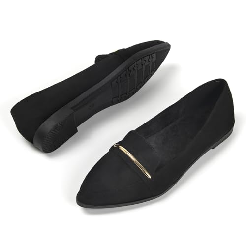 Image of Pointy Toe Penny Loafers for Women Dress Office Work Flats Shoes | Comfortable Women's Faux Suede Leather Slip On Flat Loafers for Driving Business Casual Cute Ballet Shoes