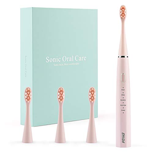 DMH Sonic Electric Toothbrush, 5 Different Modes (Clean White Sensitive Gum Care Polish), 4 Replacement Heads with Soft Dupont Bristles, 2-Minute Automatic Timer, Lower Noise, Rechargeable (Pink)