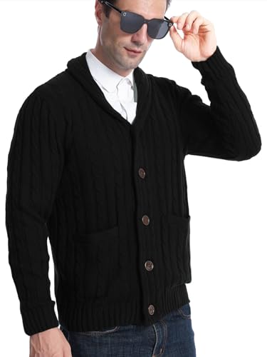 Suwangi Men's Cardigan Sweater Cable Knitted Shawl Collar Cardigans for Men V Neck Long-Sleeve Button-Down Slim Fit Sweater3