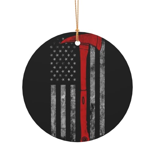 AUGUSTRUSH Christmas Round Ornaments, Firefighter Axe Red Line Flag, 8cm/10cm Aluminum Christmas Tree Hanging Decorations For Fireplace Mantel, Party, Home Festive Decor