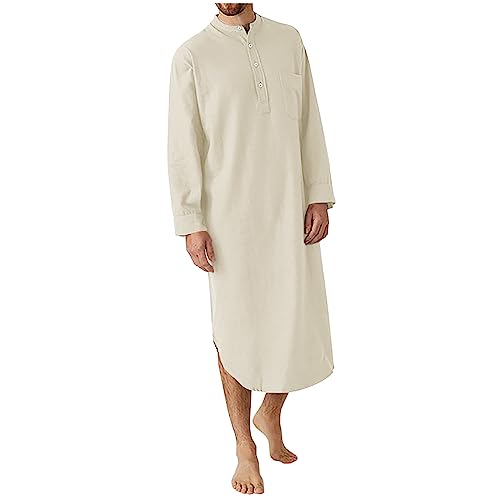 Muslim Long Shirts for Men Casual Spring Summer Curved Hem Button Down Thobe Solid Long Tunic Shirts Ramadan Kaftan