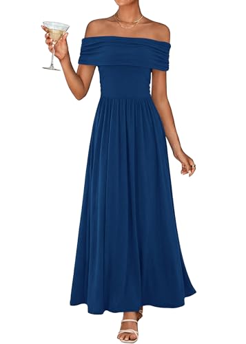 KIRUNDO Cocktail Dresses for Women 2026 Summer Off The Shoulder Ruched Pleated Long Flowy Formal Party Maxi Dresses Pockets(Navy, X-Large)