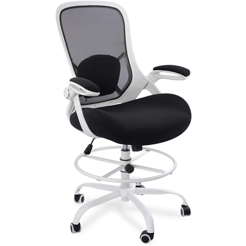 Image of HYLONE 400lbs Heavy Duty Drafting Chair 5 inch Thickened Seat Office Chair with Flip-Up Armrests Tall Ergonomic Computer Chair with Lumbar Support and Adjustable Footrest Ring Standing Desk Chair (Black)