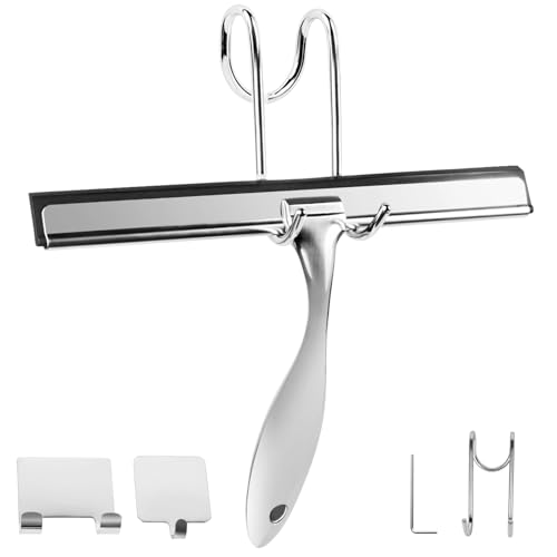 All-Purpose Stainless Steel Shower Squeegee Come with S Hook, 2 Square Sticky Hook 2 Rubber Strips Shower Squeegee for Glass Doors, Windows, Mirrors, Tiles and Car Glass -10 Inches Silver
