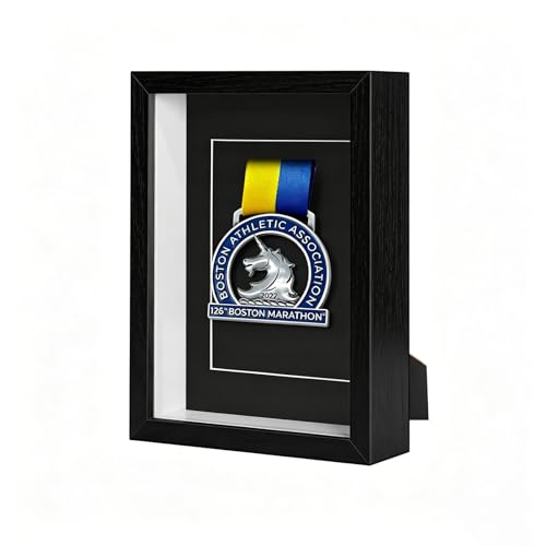 Medal Display Box 5x7 Inch Shadow Box Frame with HD Glass Panels Medal Organizer for Hanging or Desktop in Marathons Swimming Learning and Military Affairs (Black 1 Pack)