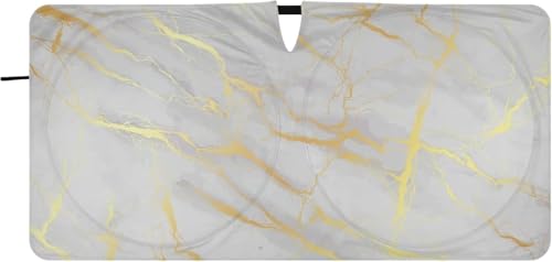 車用サンシェード フロント 折り畳み式 おしゃれ 軽自動車 カーシェード 大理石柄 北欧風 マーブル ゴールド 日除け 遮光 断熱 車用パラソル 汎用 日差しカット 収納袋付