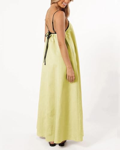 Image of Senllen Women's Linen Dress Summer Loose Flowy Sundress Contrast Spaghetti Strap Sleeveless Backless Beach Maxi Long Dresses