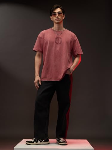 Image of The Souled Store Official Deadpool: Anti-Hero Men and Boys Short Sleeves Round Neck Pink Graphic Printed Cotton Oversized T-Shirts