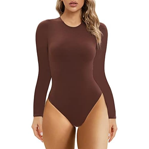 SHAPERX Body-Hugging Bodysuit for Women Long Sleeve/Short Sleeve High Stretch Leotard Top Thong Crew Neck