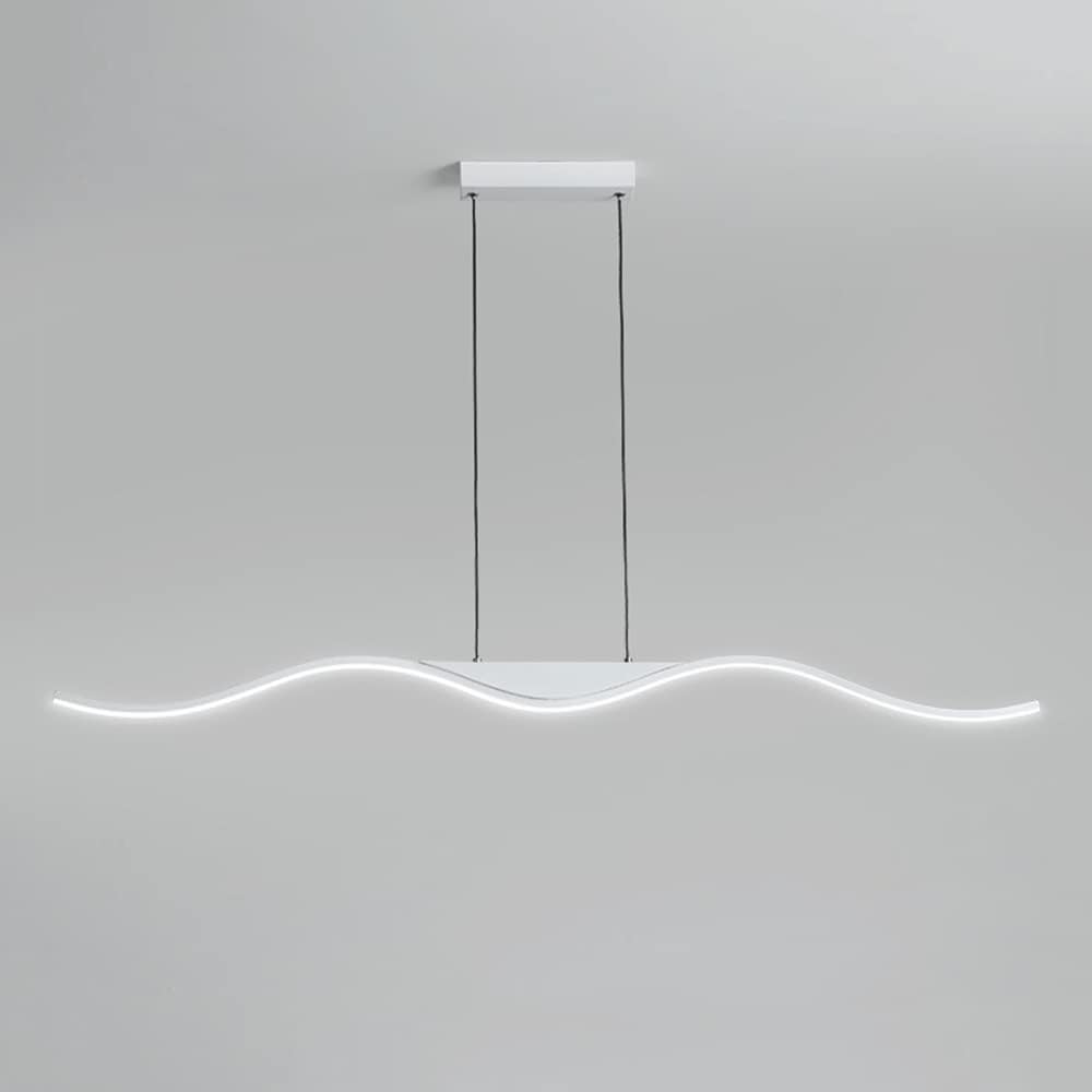 Linear Long Pendant Light Fixture, Wave Shape Metal Strip Hanging Lights, White Dimmable Dining Room Suspension Lamp Fixtures, Modern LED Kitchen Island Chandeliers