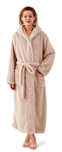 KORBLISS Robes for Women – Hooded Premium Womens Plush Soft Robe Fluffy, Warm, Fleece Sherpa Shaggy Bathrobe, Soft Warm Womens Robe with Pockets and Belt, Taupe, Large