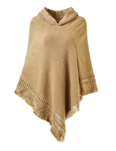 Ferand Ladies' Hooded Cape with Fringed Hem, Crochet Poncho Knitting Patterns for Women, Khaki