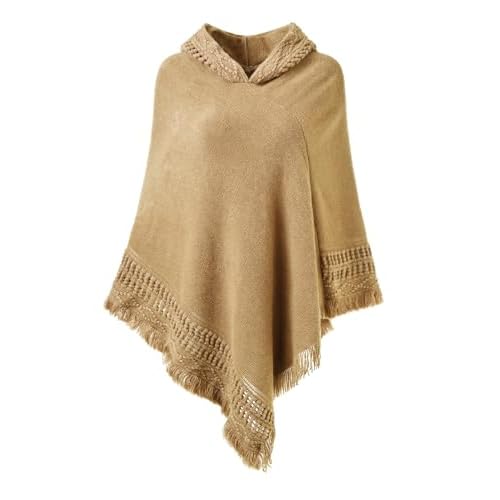 Ferand Ladies' Hooded Cape with Fringed Hem, Crochet Poncho Knitting Patterns for Women One Size Khaki