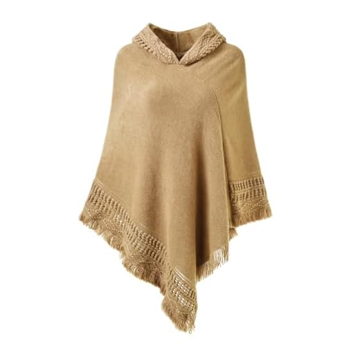 Ferand Damluva poncho med virkade band, cape för kvinnor av stickat material med dekorativa fransar, kaki, One Size /L