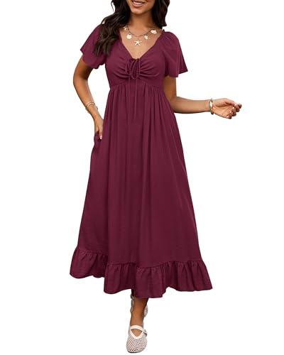 BTFBM Womens Summer Dresses 2026 Wedding Guest Maxi Dress Wine Red