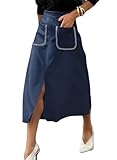 Happy Sailed Fall Winter Faux Suede Skirts for Women 2025 Trendy Empire Waisted A Line Front Split Midi Office Skirt for Business Work Wedding Guest Blue X-Large