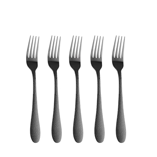 Image of 6.7 inch Charcoal Black Hammered Salad Forks | Set of 5 Durable Stainless Steel Fruit Forks | Mirror Polished Silverware for Home, Restaurants, and Gift Giving