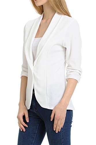 MINEFREE Women's 3/4 Ruched Sleeve Lightweight Work Office Blazer Jacket Ivory S