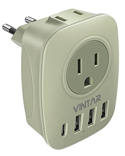 European Travel Plug Adapter,VINTAR International Power Plug Adapter with 1 USB C, 3 USB A Ports and 2 US Outlets,6 in 1 Type C Charger Travel Essentials to Most of Europe Greece, Italy