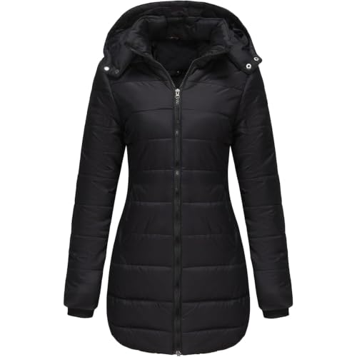 Aosufei Chaqueta acolchada de manga larga desmontable para mujer, clásica, cálida, de algodón, acolchada, para otoño, invierno, al aire libre, con cremallera, Negro, M