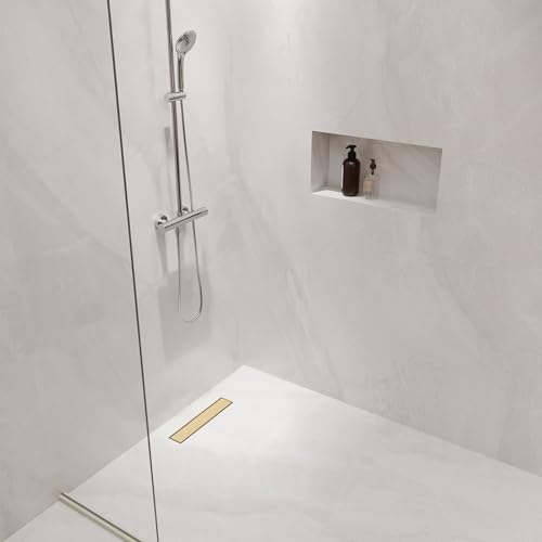 Image of DLONE Linear Shower Drain - 18 Inch Brushed Gold, with Tile Insert Panel