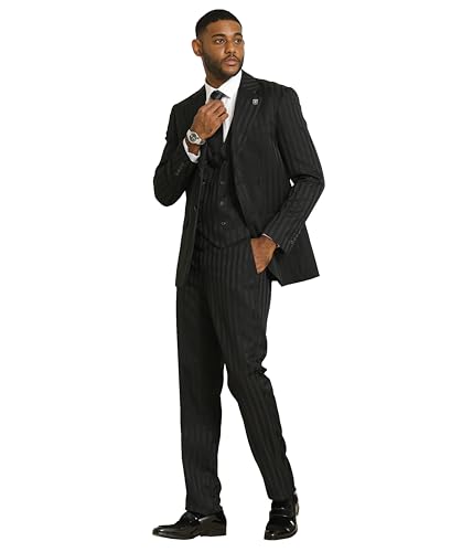 STACY ADAMS Men’s Classic Pinstripe 3-Piece Suit – Sharp Tailored Jacket, Vest, and Trousers3