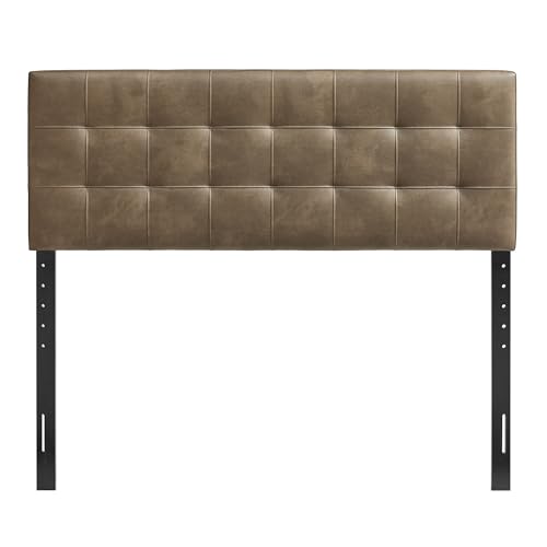 Image of Modway Lily Vegan Leather Full Size Headboard with Biscuit Tufting in Mushroom - Vegan Leather Upholstery with Padded Design and 5 Height-Adjustable Mounts