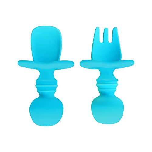 Silikon Kinderbesteck 2er Set,Weich Baby Esslernbesteck bestehend aus Löffel und Gabel , Food Grade, BPA frei, mit Verschluckschutz, Spülmaschinenfest (Blau) Cover