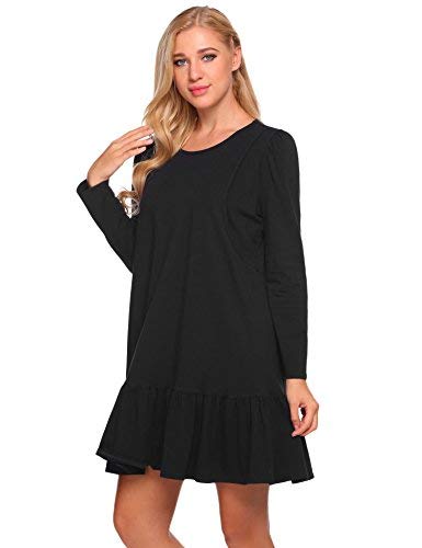 Image of Goldenfox Maternity Nursing Nightgown Long Sleeve Breastfeeding Ruffle Sleep Dress (Black, XL)