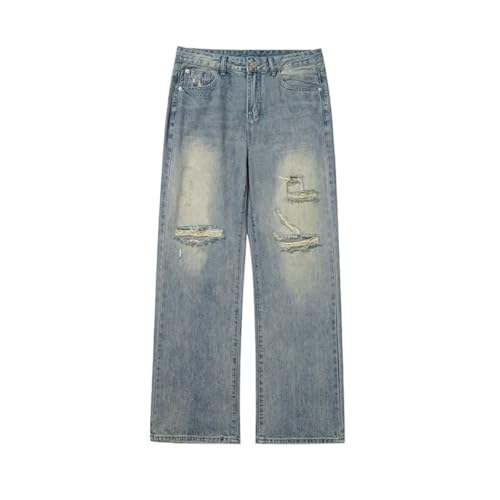 Men’s Korean Style Denim Pants, Contrast Color, Hole Design, Wide Leg, Loose Male Jeans