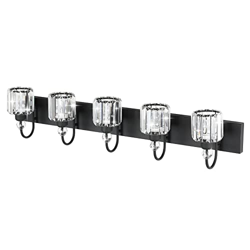 Image of Ralbay Modern Crystal Black 5-Light Bathroom Vanity Light, Matte Black Crystal Bath Wall Light Fixtures